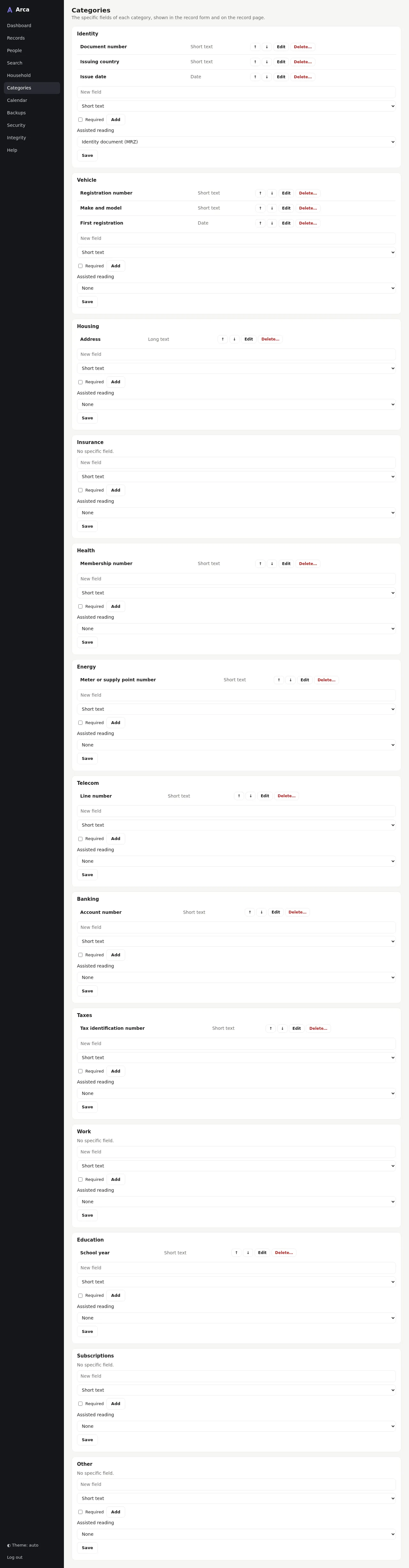 Categories and their specific fields